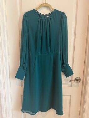 Boden Teal Long Sleeve Dress Pleated Front Size US 6R Elegant Work Dress